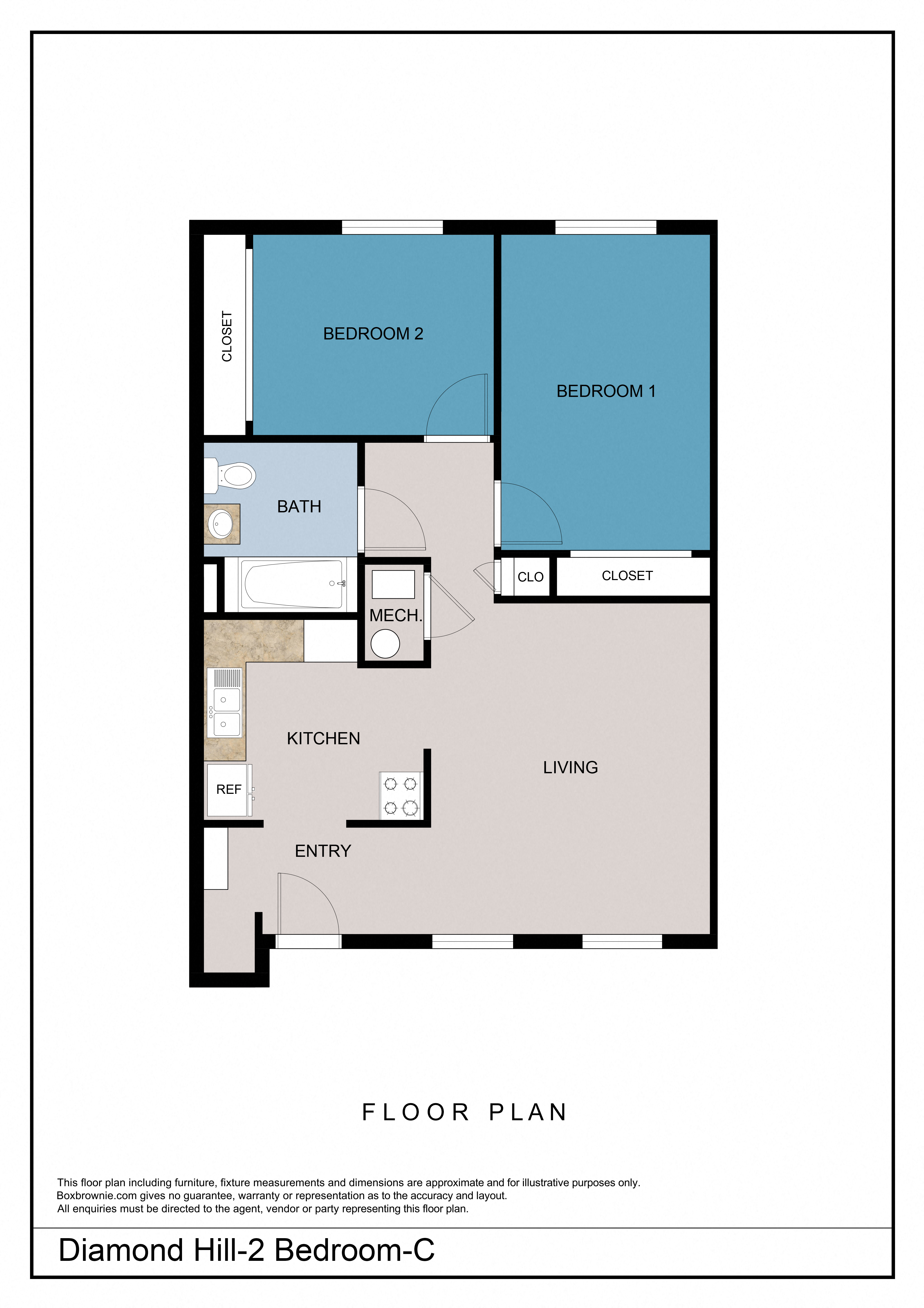 Floor plan for 2 beds, 1 bath, 780 sqft